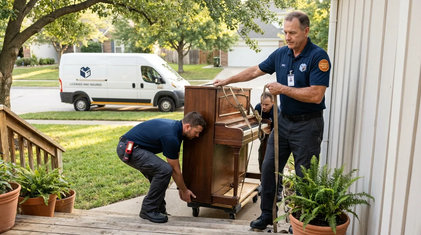 Licensed piano movers securing grand piano in Norwich, NY
