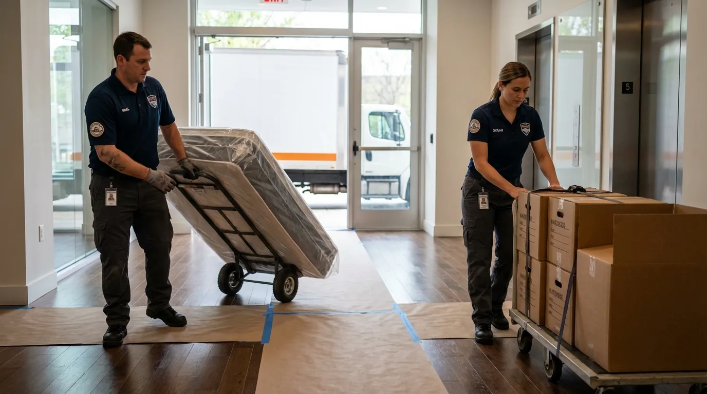 Professional apartment movers loading elevator in Norwich, NY